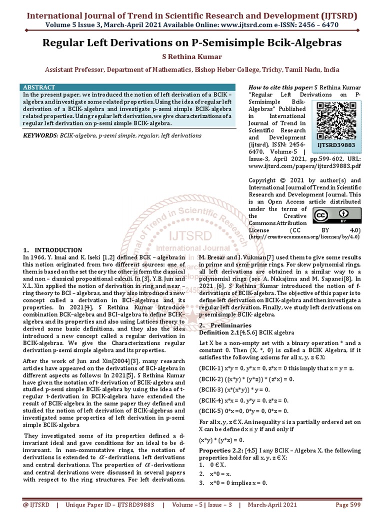 Regular Left Derivations On P Semisimple Bcik Algebras PDF Ring