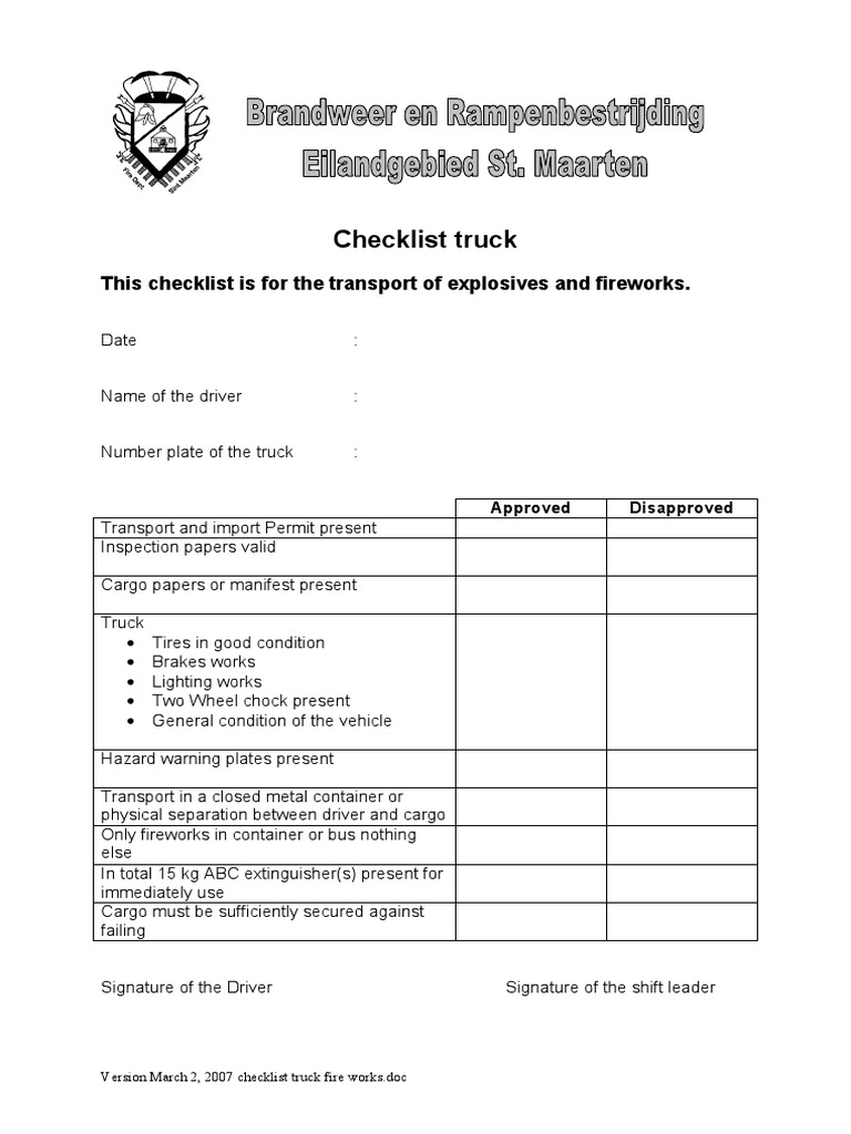 Checklist Truck Fire Works | PDF