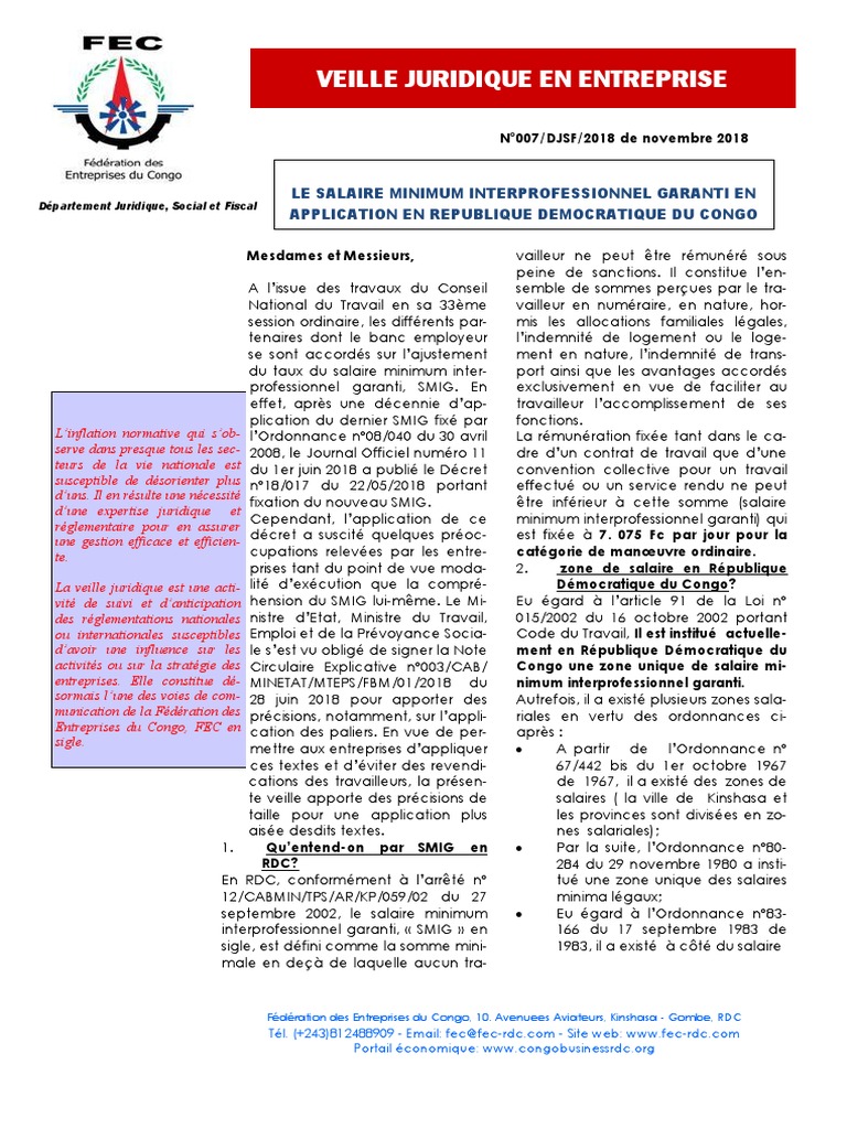 Nouveau SMIG en RDC : Ajustements 2025 | PDF | Salaire minimum ...