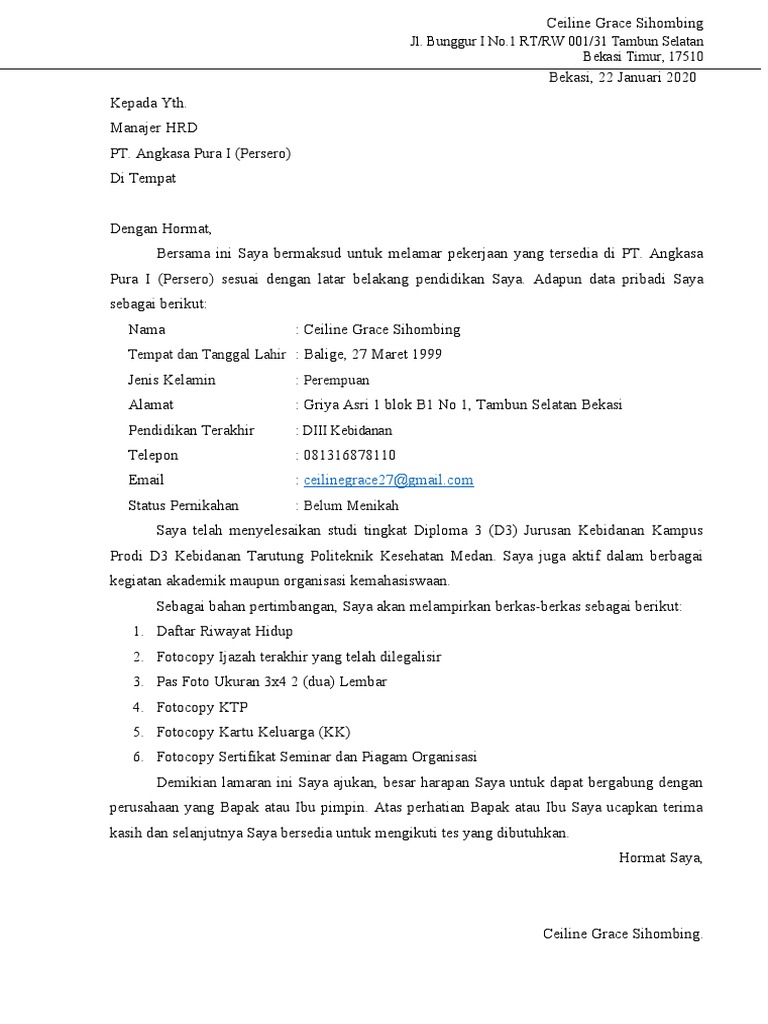 Surat Lamaran Kerja Ceiline Sihombing | PDF