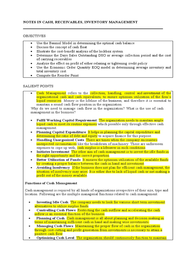Cash and Inventory Management Insights | PDF | Inventory | Market Liquidity