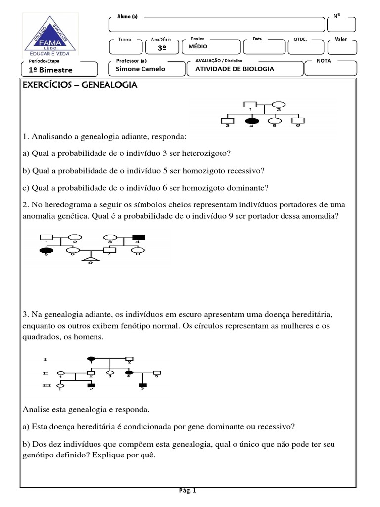 Exercícios de Heredograma 9º Ano | PDF | Dominância (genética) | Genética