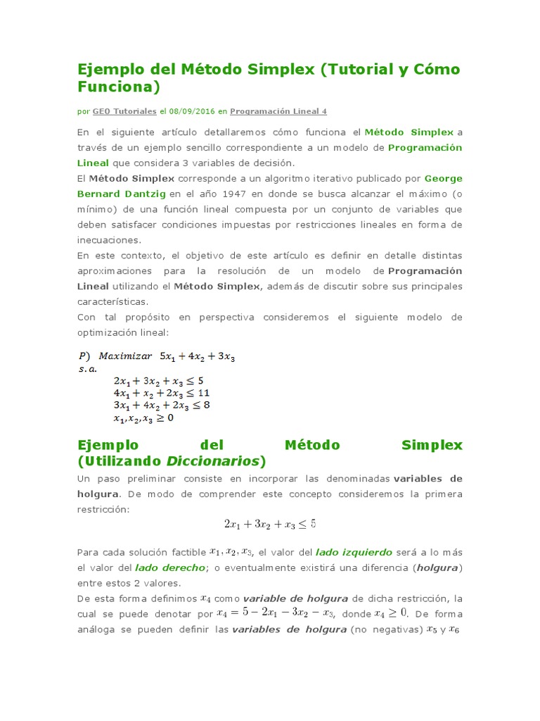 Ejemplo del Método Simplex en Optimización | PDF | Programación lineal ...