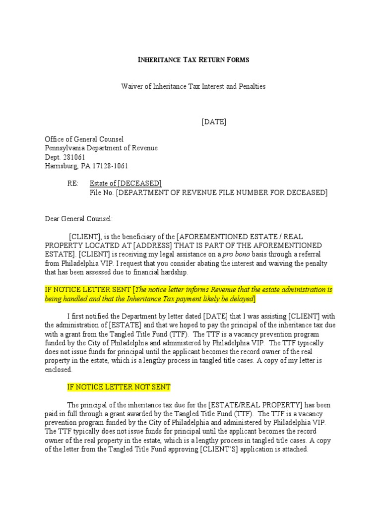 Sample Letter Requesting Waiver Of Penalty And Interest Pdf Inheritance Tax Debt