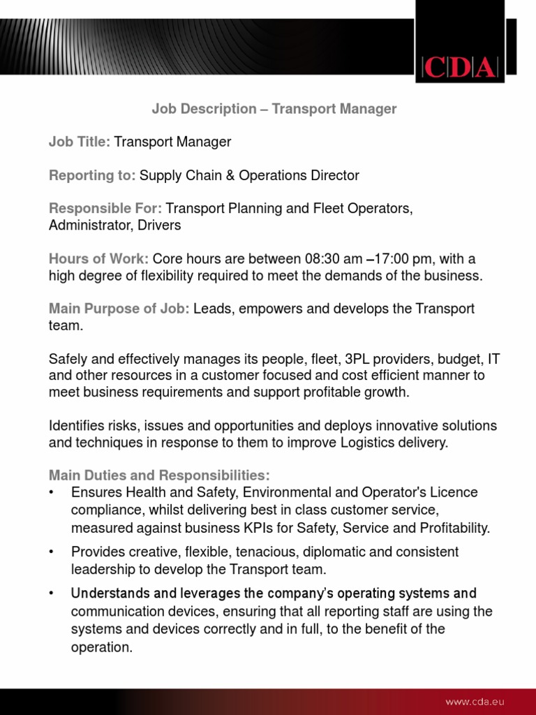 Job Description - Transport Manager Job Title: Reporting To: Responsible  For | PDF | Logistics | Business