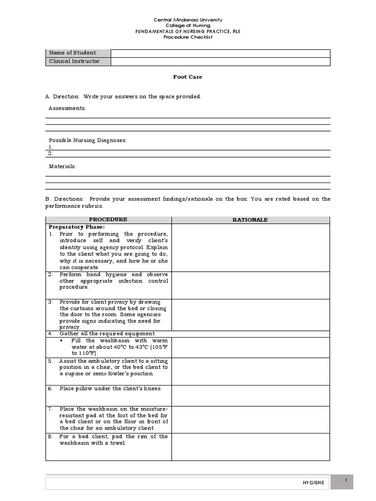Foot Care Procedure Checklist PDF Nail (Anatomy) Hygiene