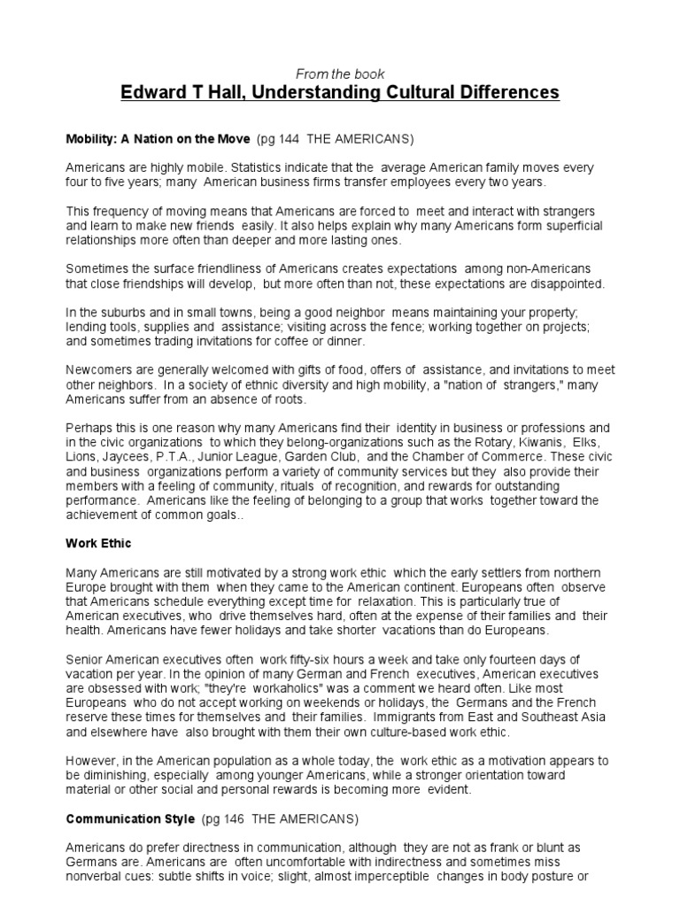 Edward T Hall, Cultural Differences (PG 144-161) - US Selections | PDF ...