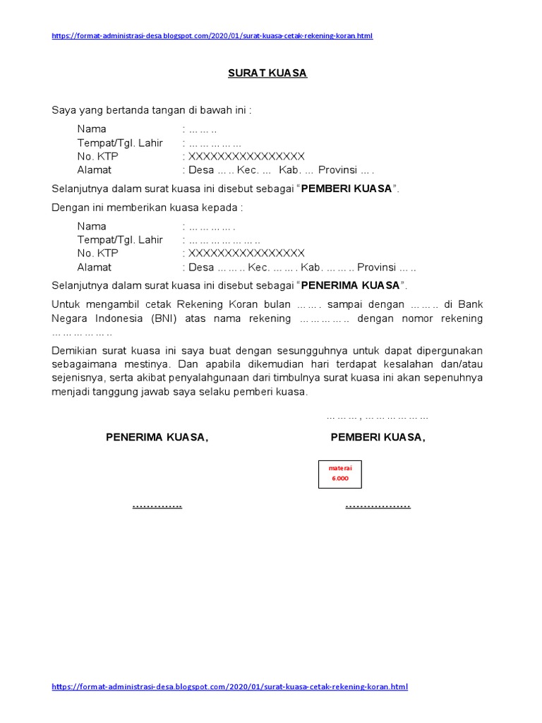 Surat Kuasa Cetak Rekening Koran Di Bank Bni | PDF