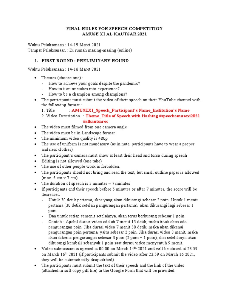 Final Rules For Speech Competition | PDF | Communication