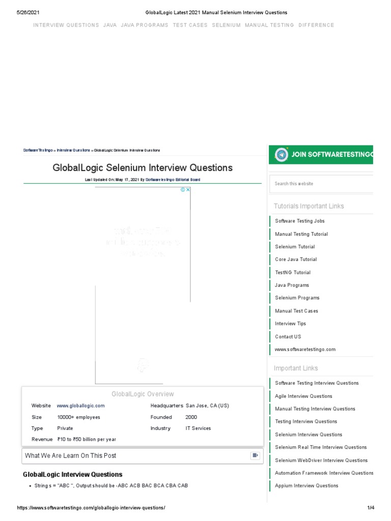 GlobalLogic Latest 2021 Manual Selenium Interview Questions | PDF 