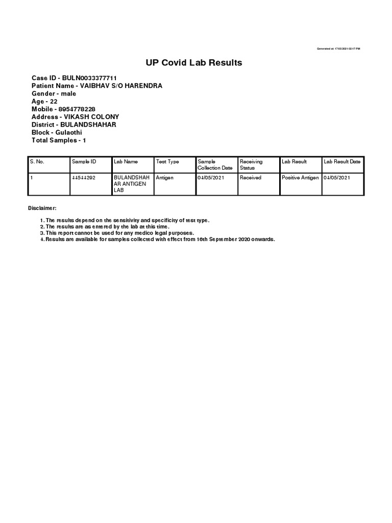 UP Covid Lab Result Positive | PDF