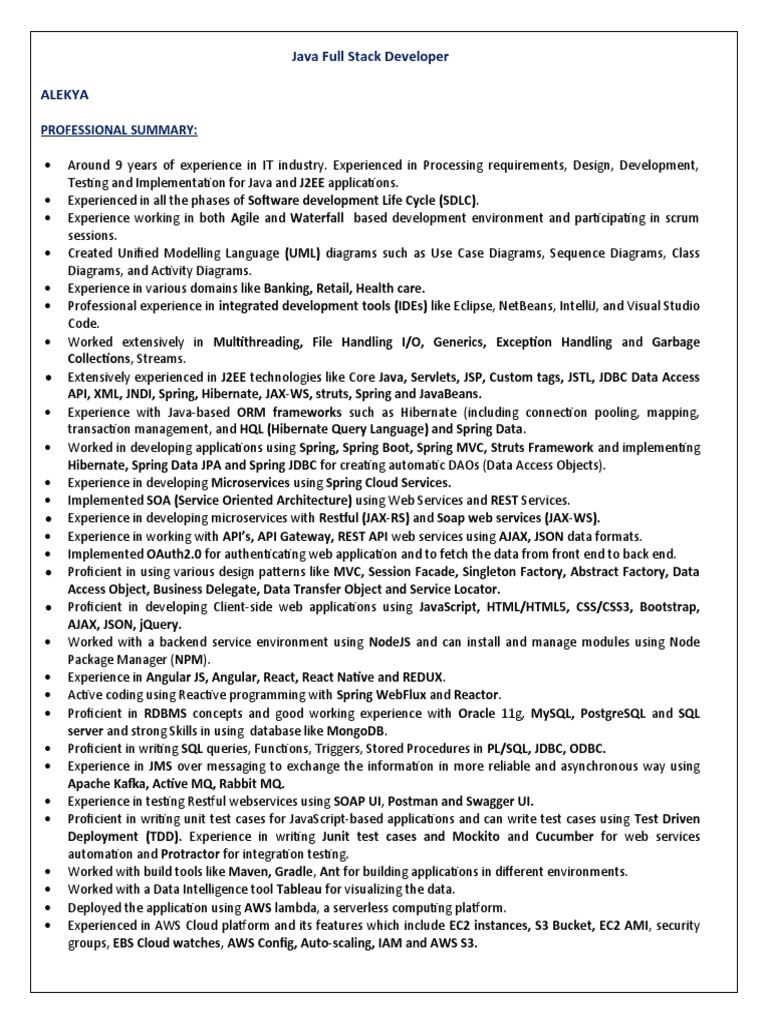 Java Full Stack Developer Resume | PDF | Spring Framework | Java ...
