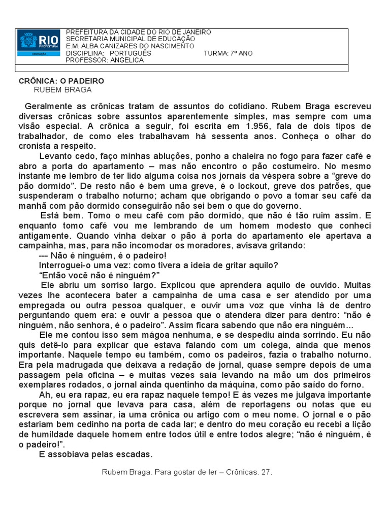Crônica: O Padeiro: Rubem Braga | PDF | Pães