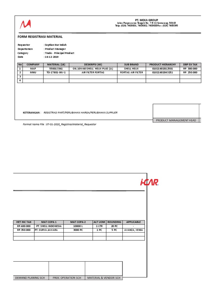 Form Registrasi Material: Pt. Meka Group | PDF | Business