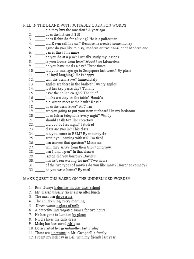 Soal Question Words 2