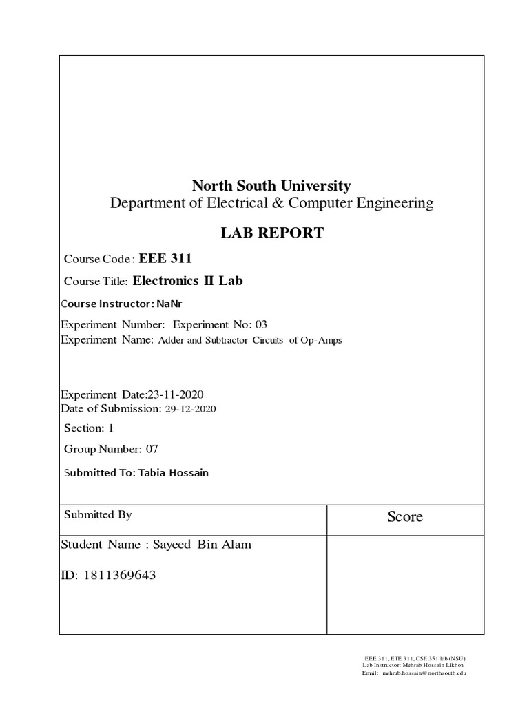 EEE 311 Lab Report: Adder & Subtractor | PDF | Analog Circuits ...