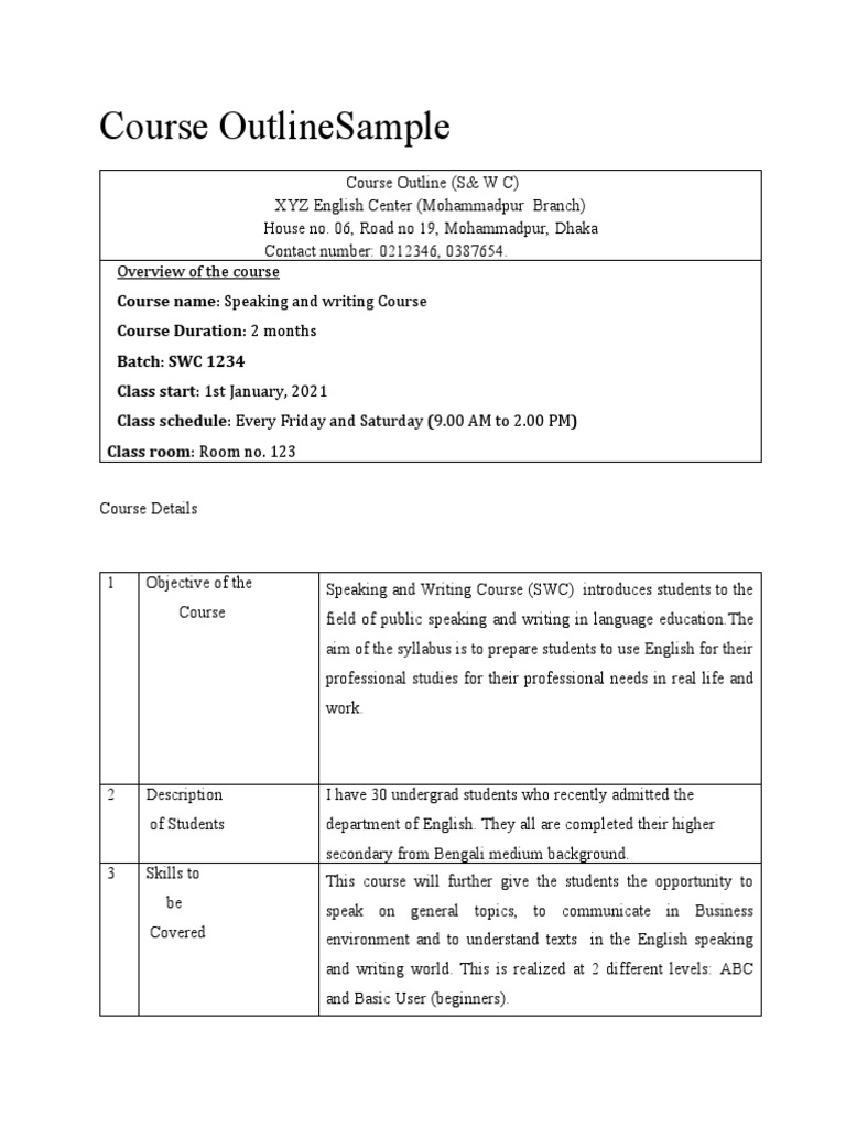 Speaking and Writing Course Outline | PDF | Adjective | English Language