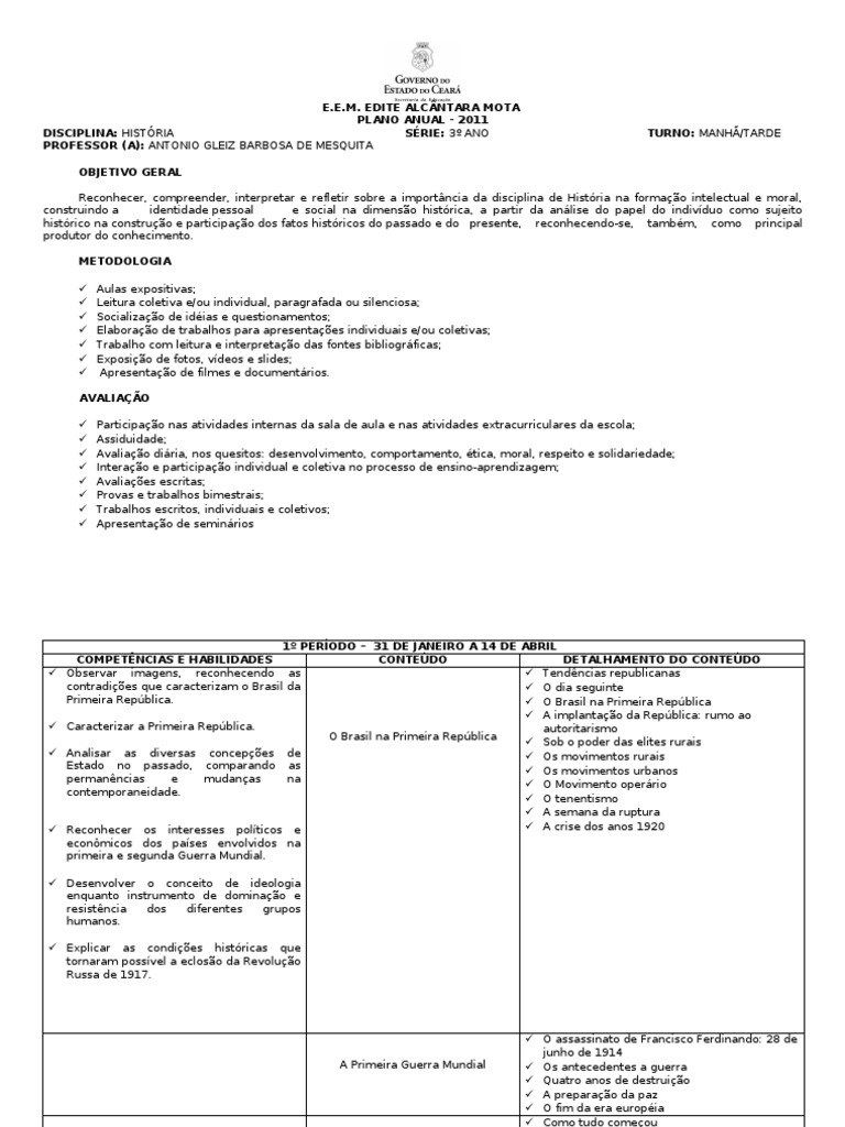 plano anual 3 anos - História da Educação I