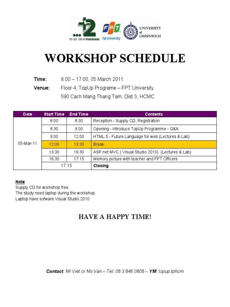 Workshop Schedule for TopUp Program | PDF