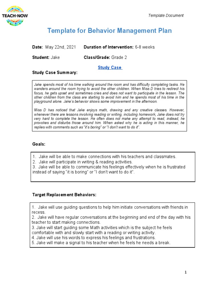 Behavior Management Plan for Jake | PDF | Conversation | Teachers