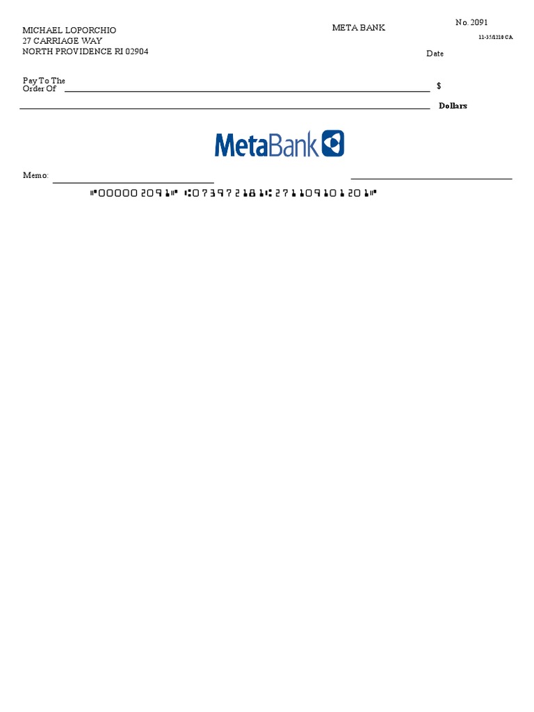 Meta Bank Check Template 11-35/1210 | PDF