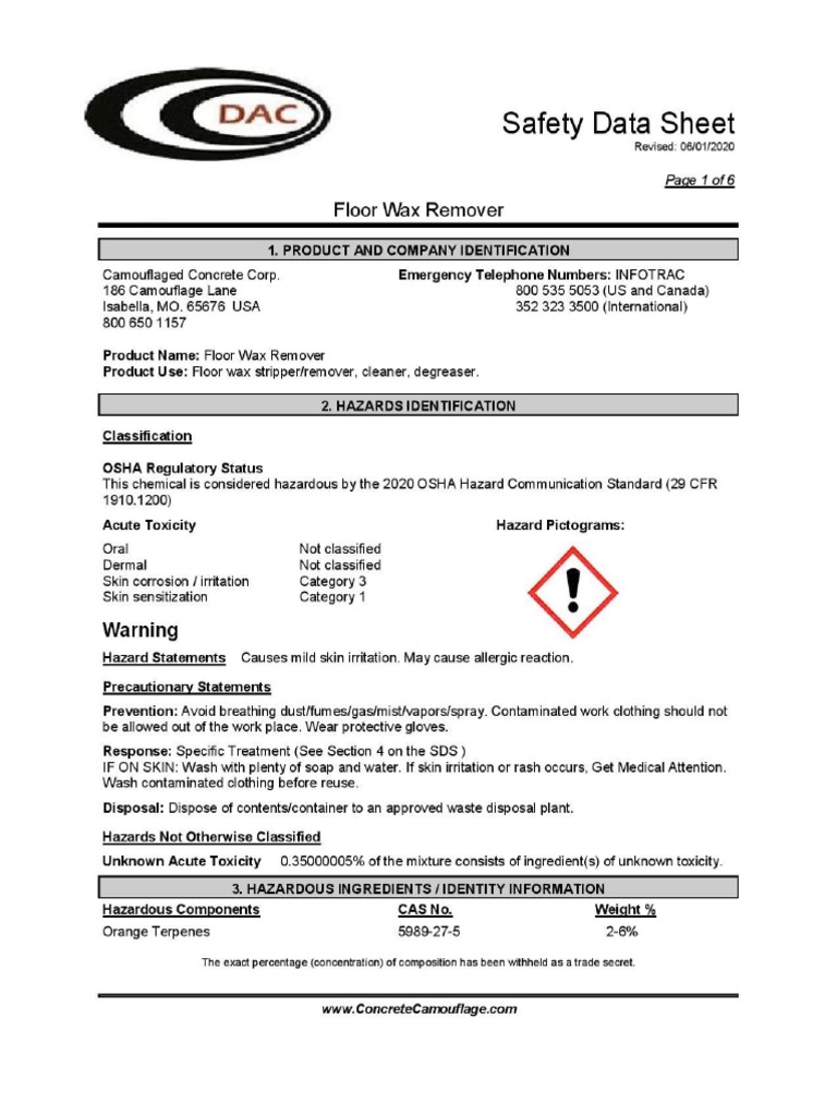 Dac Floor Wax Stripper Msds 2020 PDF