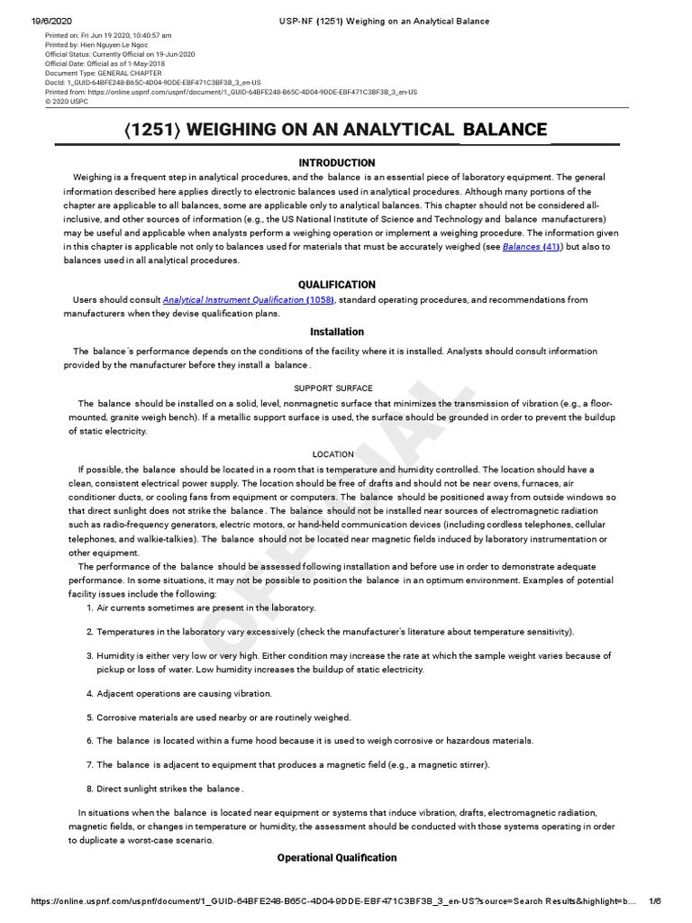 USPNF 1251 Weighing On An Analytical Balance PDF Weight Weighing