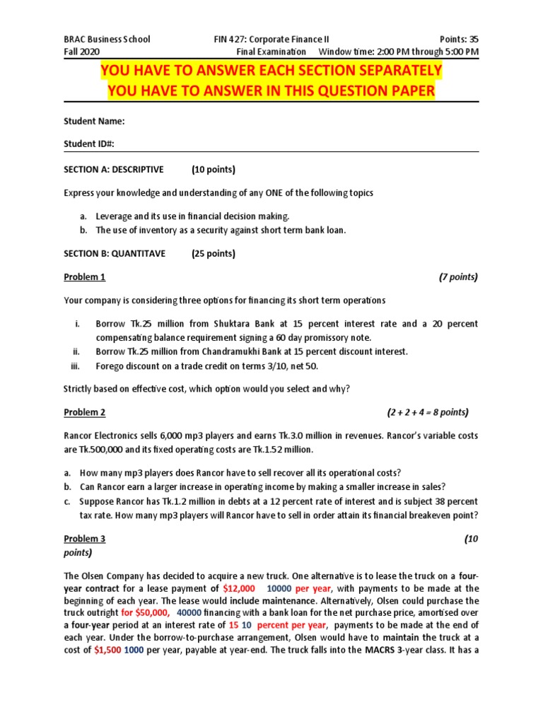 Corporate Finance II Final Exam Guide | PDF | Net Present Value | Banking