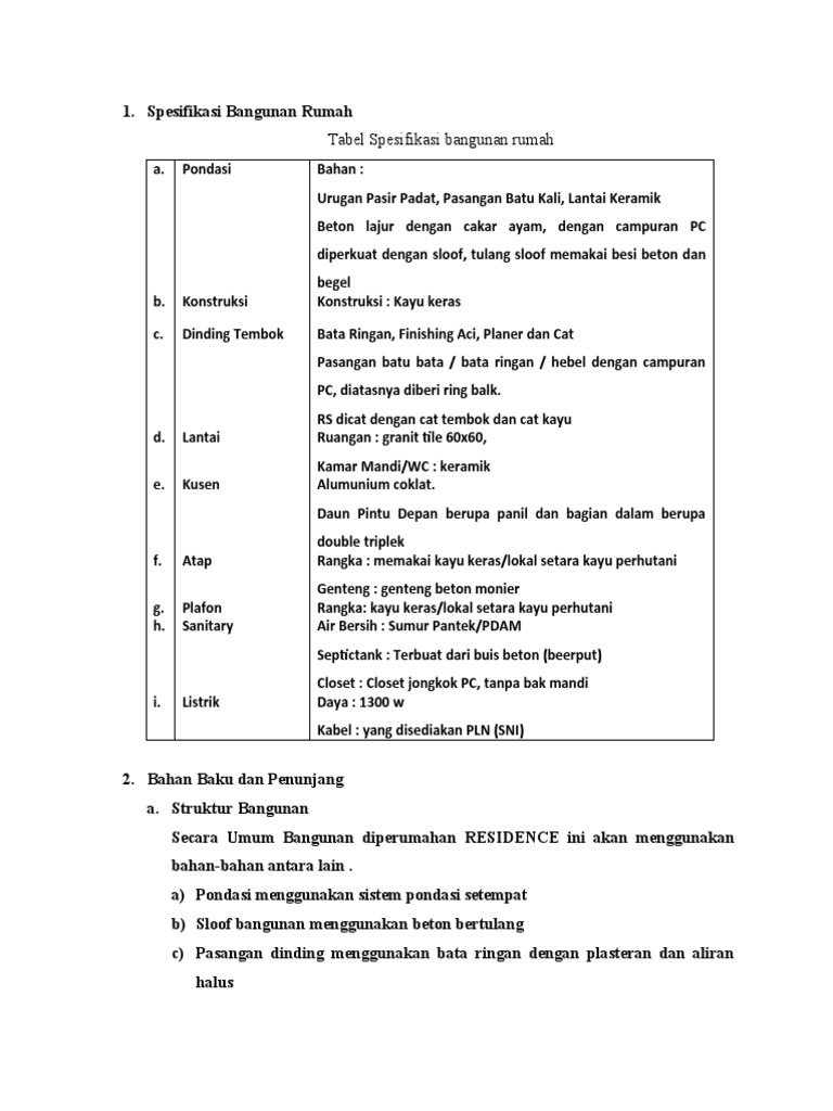 Spesifikasi Teknis Bangunan Rumah | PDF