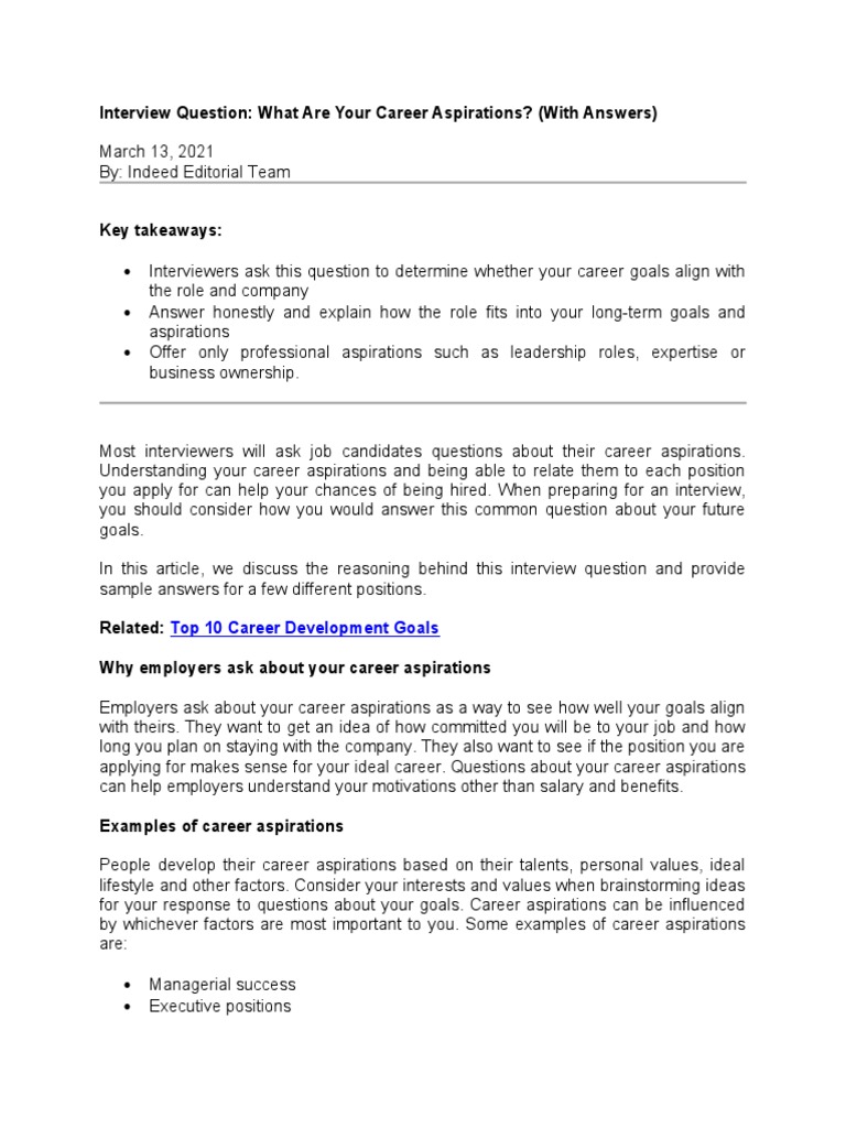 Interview Question of Career Aspiration PDF Motivation Motivational