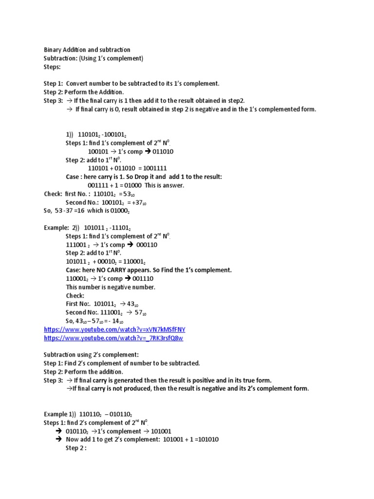 Binary Addition and Subtraction | PDF