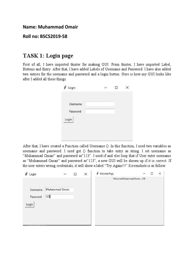 TASK 1: Login Page: Name: Muhammad Omair Roll No: BSCS2019-58 | PDF