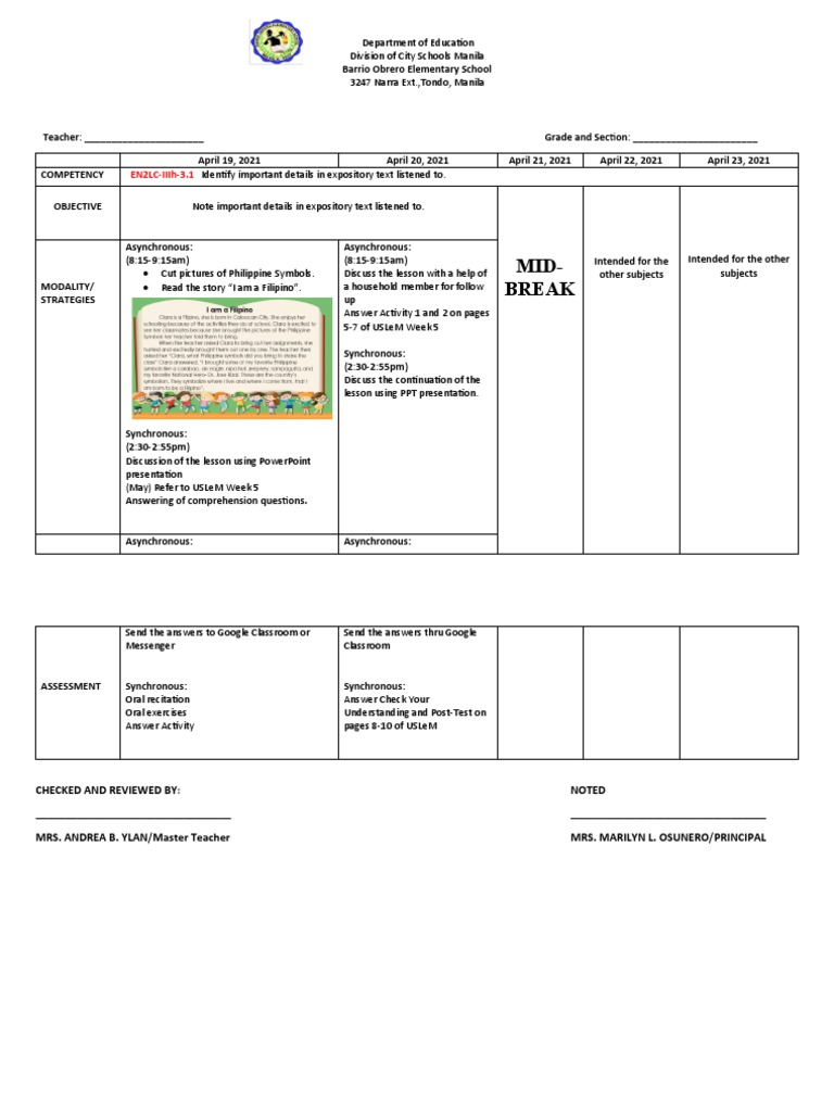 English Block Plan April 19-23, 2021 | PDF | Teaching | Human Nature