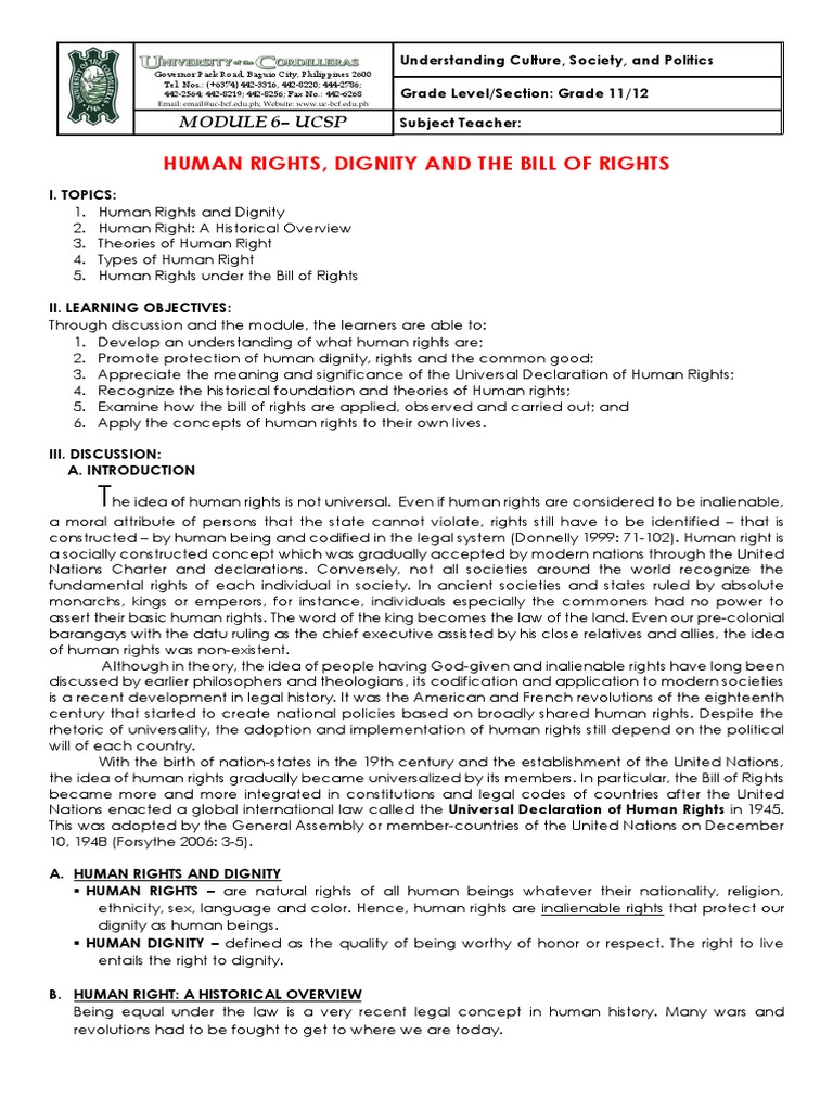 Ucsp-Module 6 - Human Rights and Dignity and The Bill of Rights | PDF ...