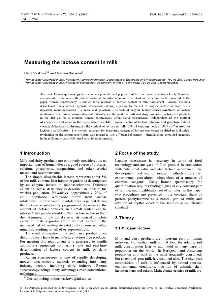 Measuring The Lactose Content in Milk | PDF | Raman Spectroscopy | Milk