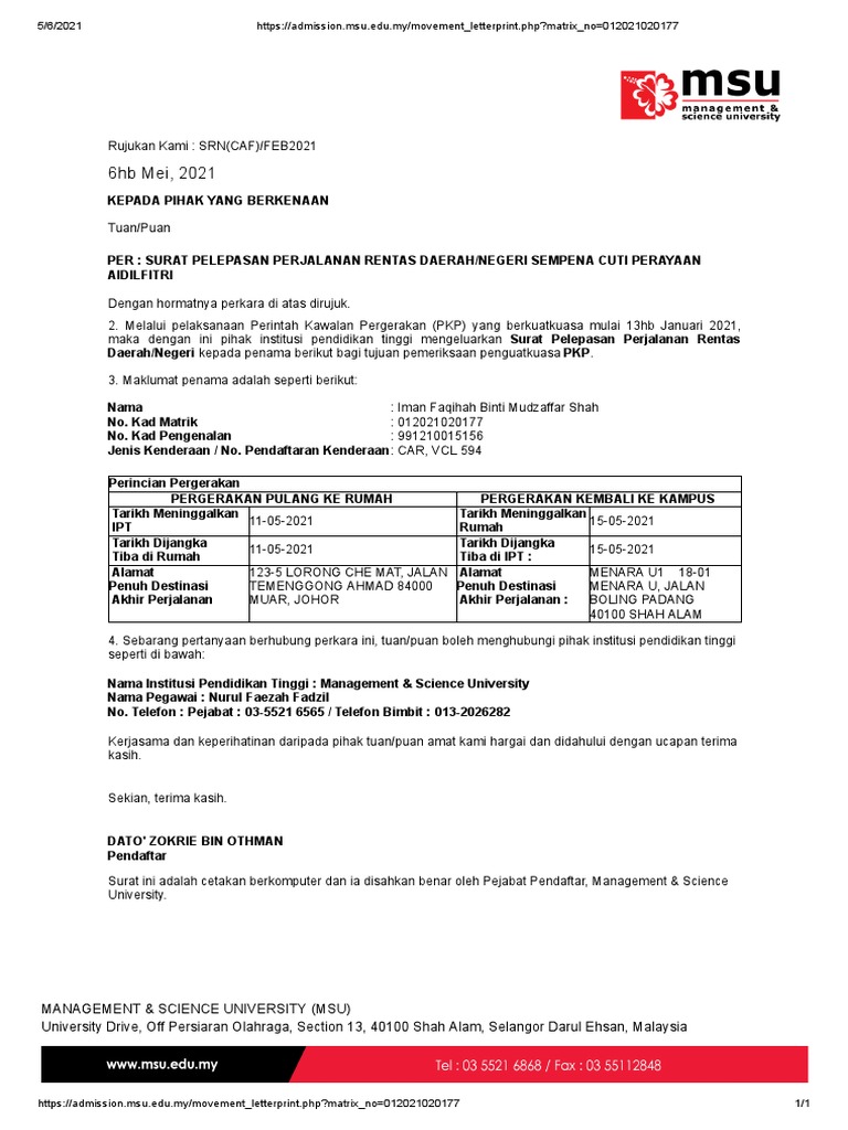 Surat Pelepasan Perjalanan MSU | PDF
