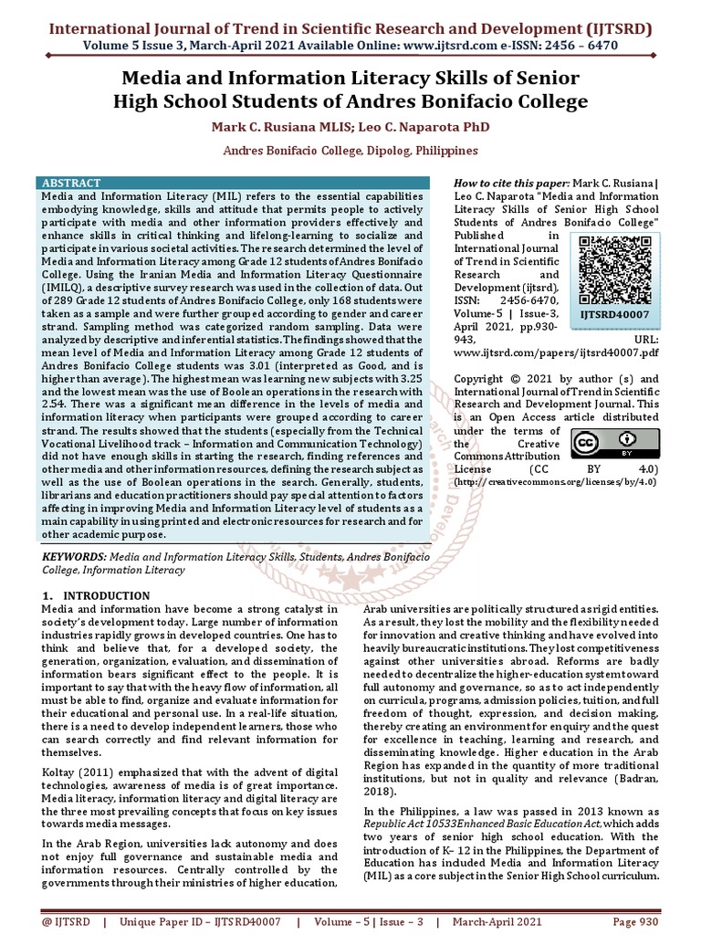 Media and Information Literacy Skills of Senior High School Students of ...