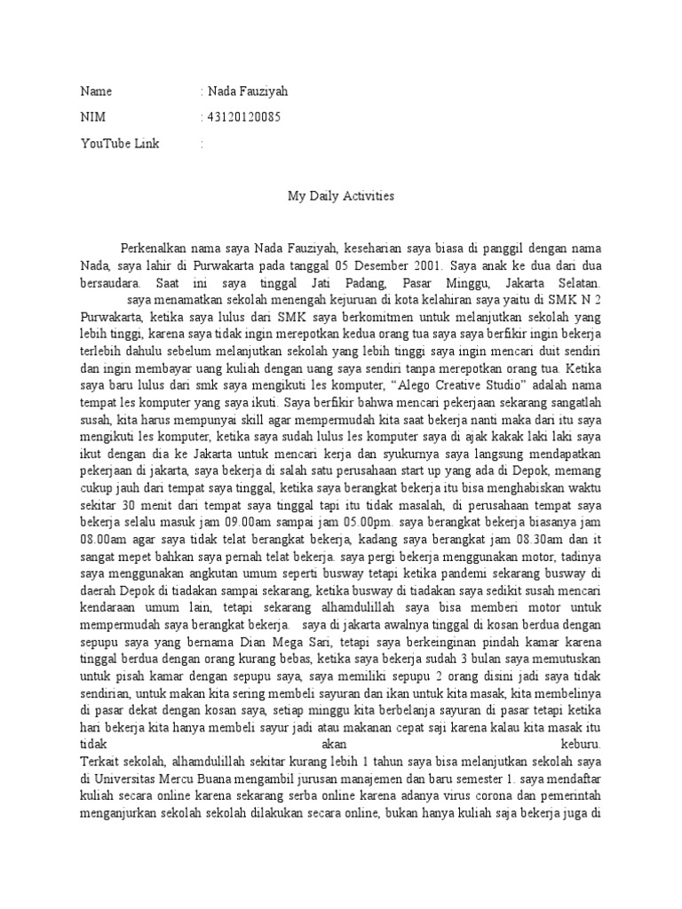 Aktivitas Sehari-hari Nada Fauziyah | PDF