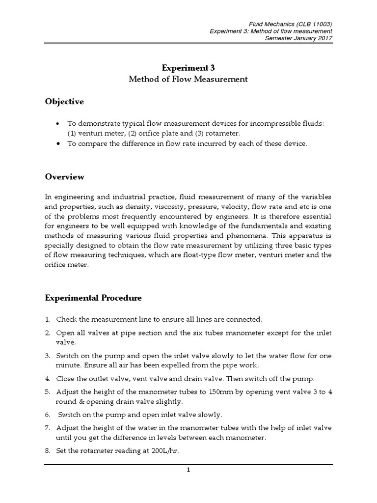 Method of Flow Measurement Experiment 3 PDF Flow Measurement
