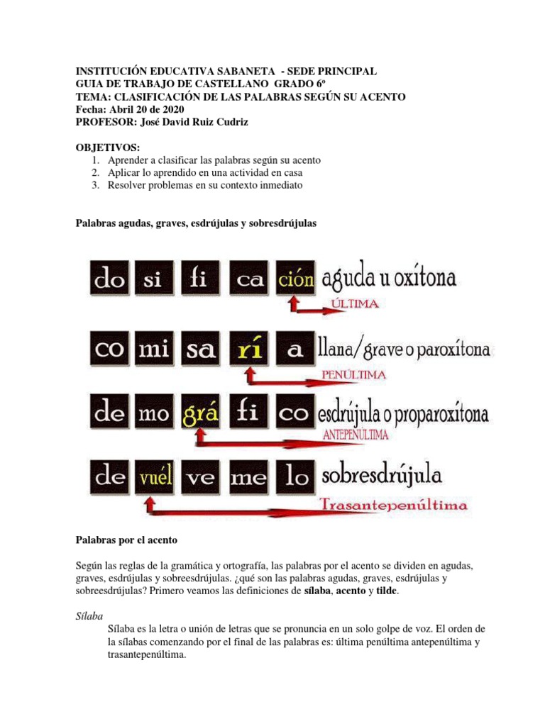 Guía Grado 6 Castellano Clasificación de Las Palabras Según Sus Acento PDF Idiomas Artes