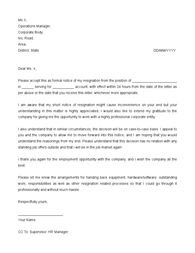 Resignation Letter 24 Hour Notice Template