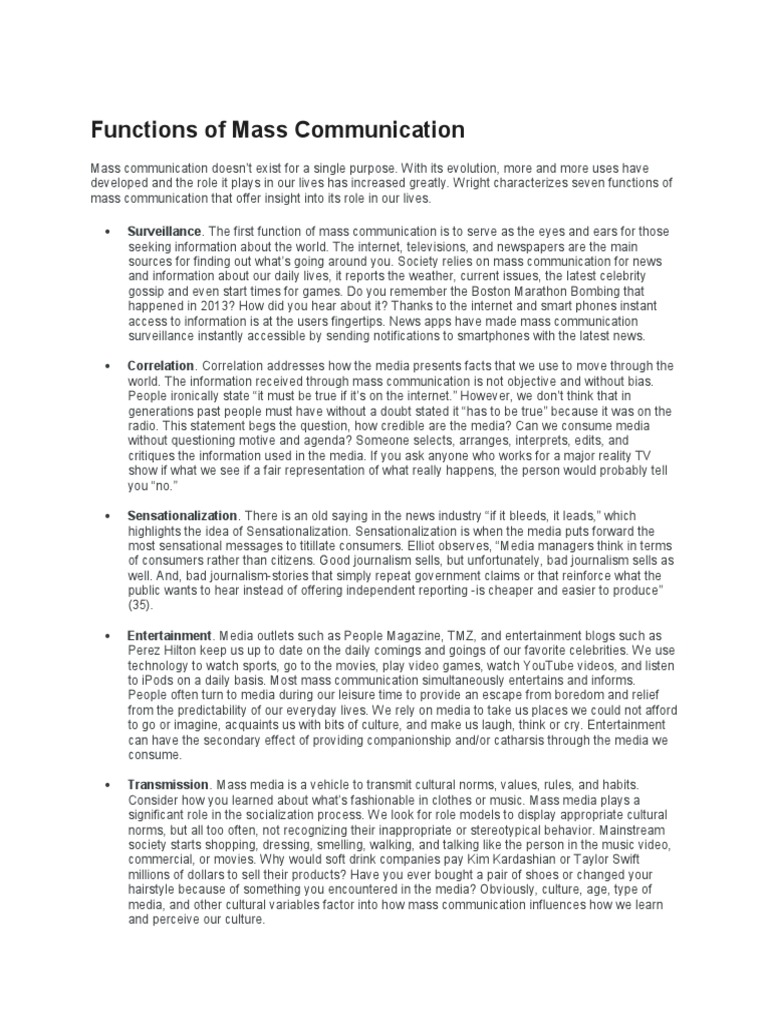Functions of Mass Communication | PDF | News | Mass Media