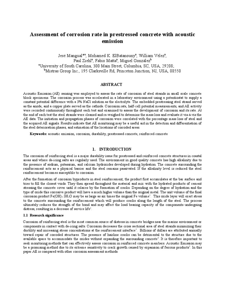 Assessment of Corrosion Rate in Prestressed Concrete With Acoustic ...