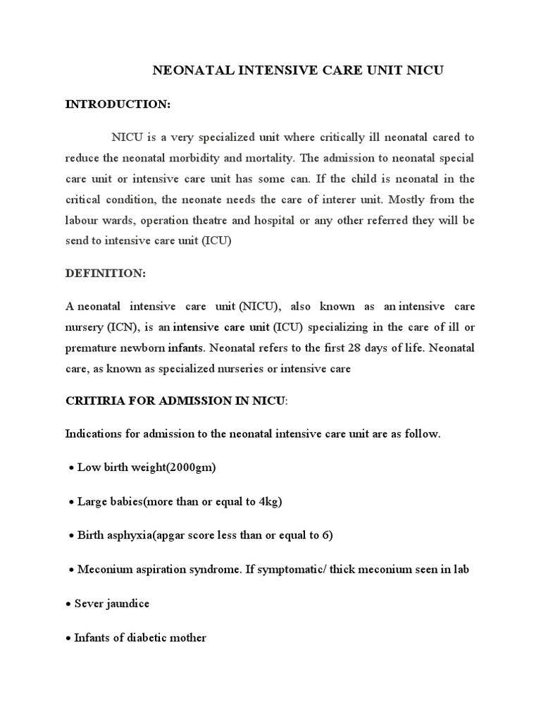 NICU: Definition and Admission Criteria | PDF | Neonatal Intensive Care ...