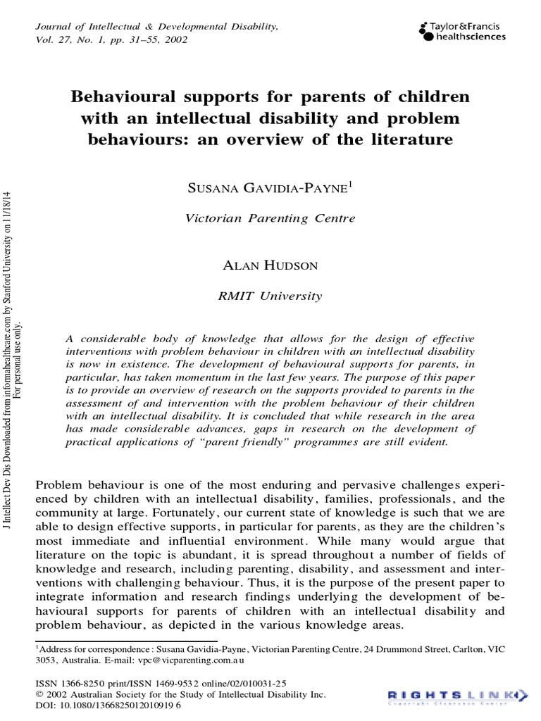 Behavioural Supports For Parents Of Children With An Intellectual