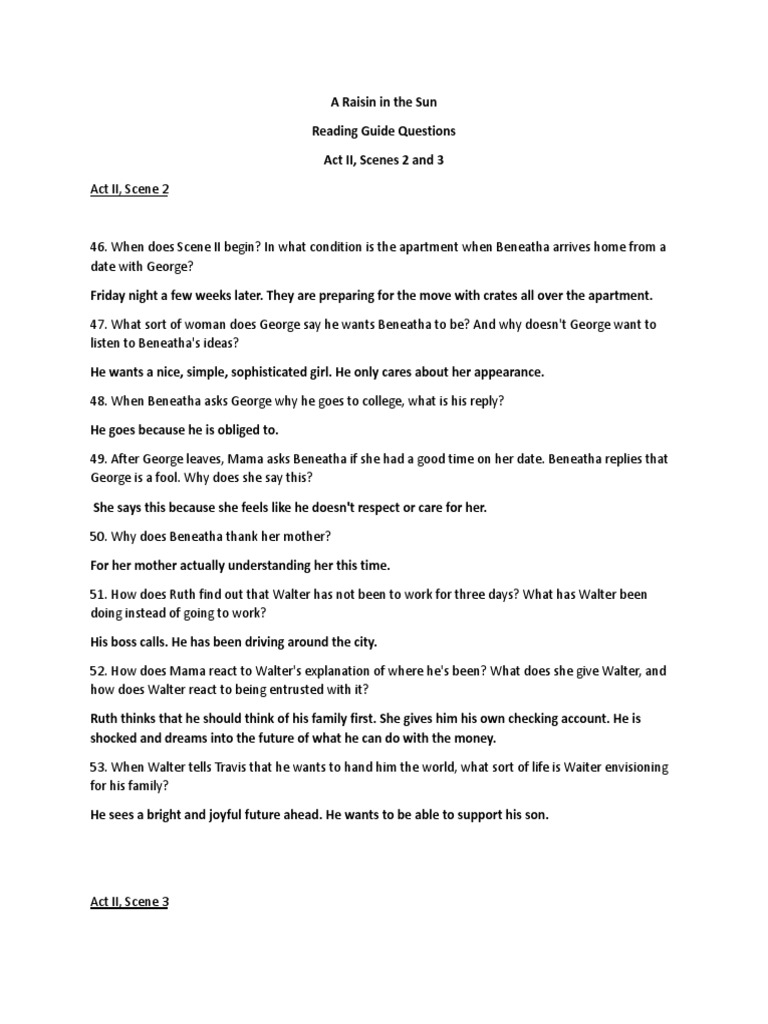 9 Raisin in The Sun Reading Questions Act II Scenes 2 and 3 PDF