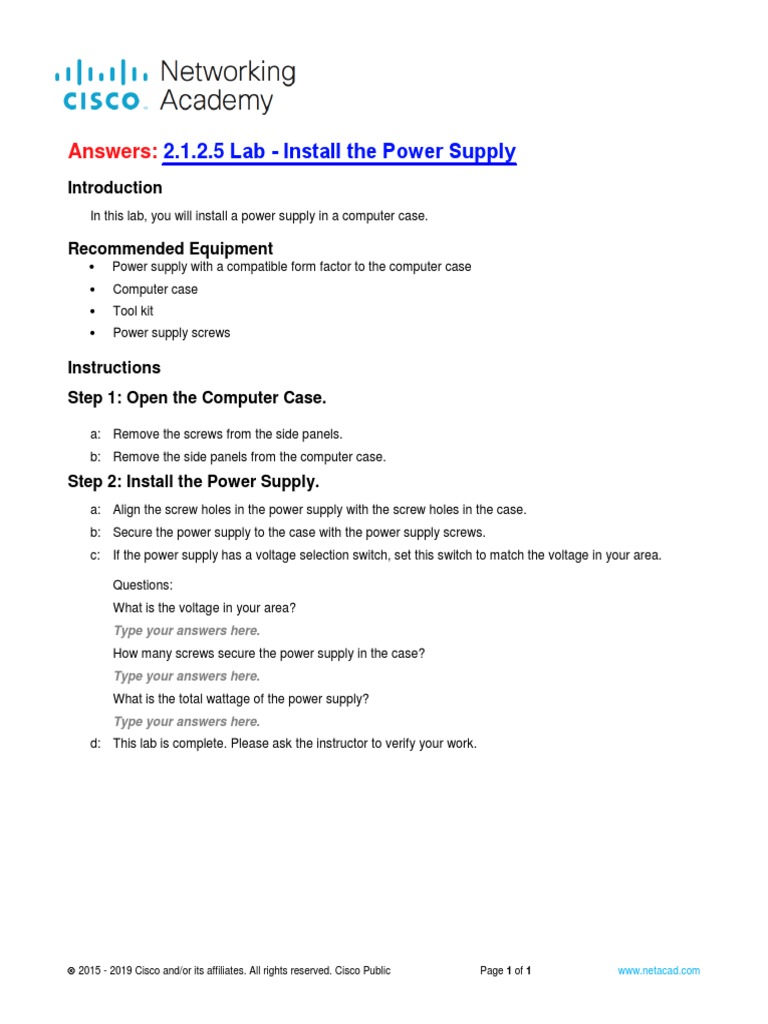 Power Supply Installation Lab Guide | PDF