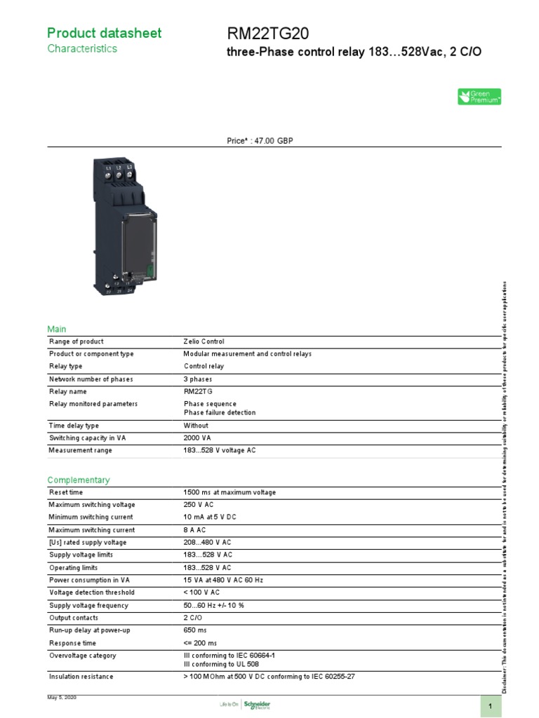 RM22TG20 Three-Phase Control Relay | PDF | Alternating Current | Relay