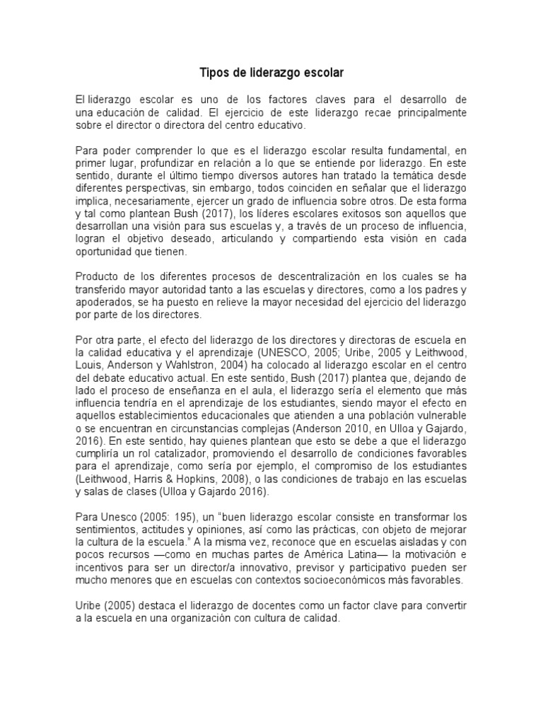 Tipos De Liderazgo Escolar Y Sus Características Pdf Control