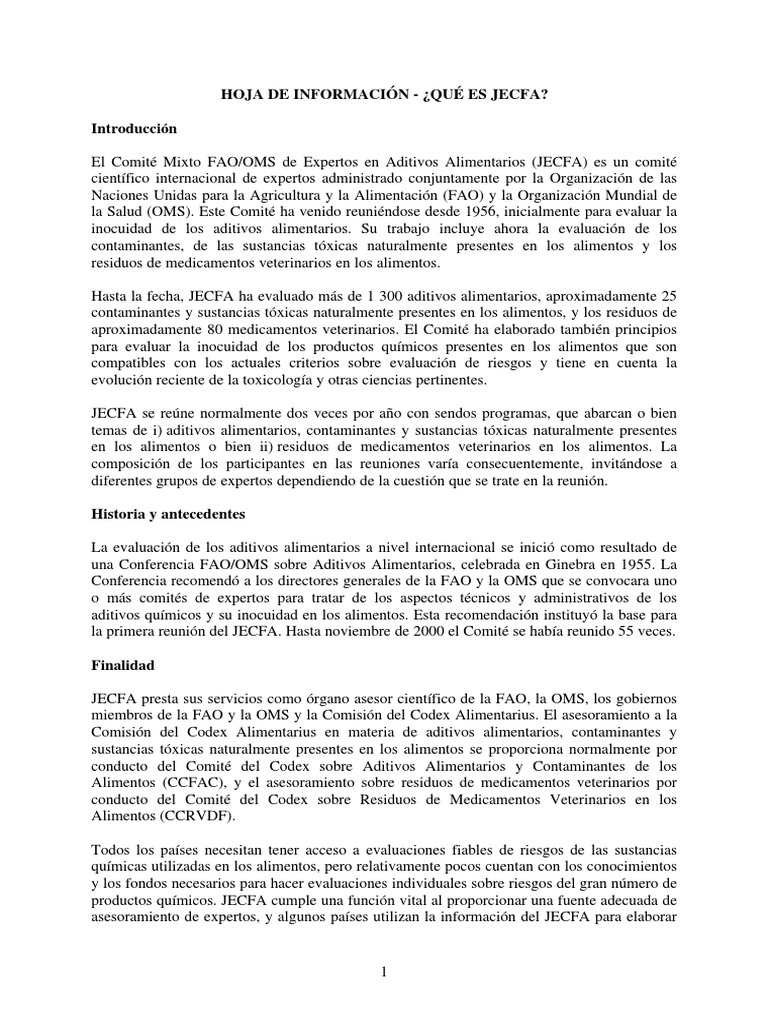 Información sobre JECFA y su función | PDF | Organización de Comida y ...